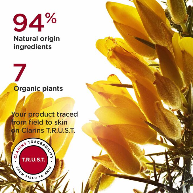 Focus on Ajunc flower, highlighting 94% natural origin ingredients and 7 organic plants used in Super Restorative cream for dry skin