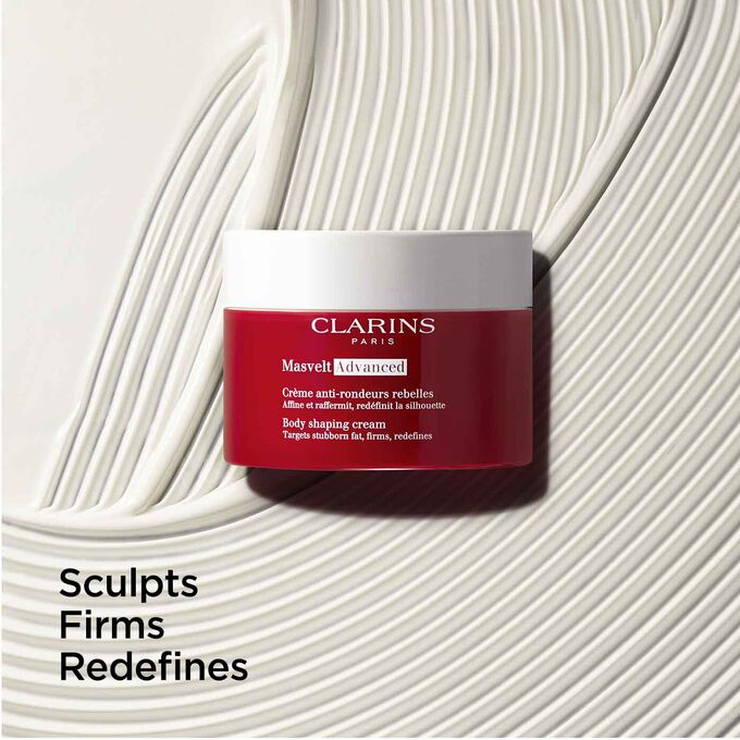 Packshot of Clarins Masvelt Advanced Body Shaping Cream, with text emphasising the product's power to target stubborn fat