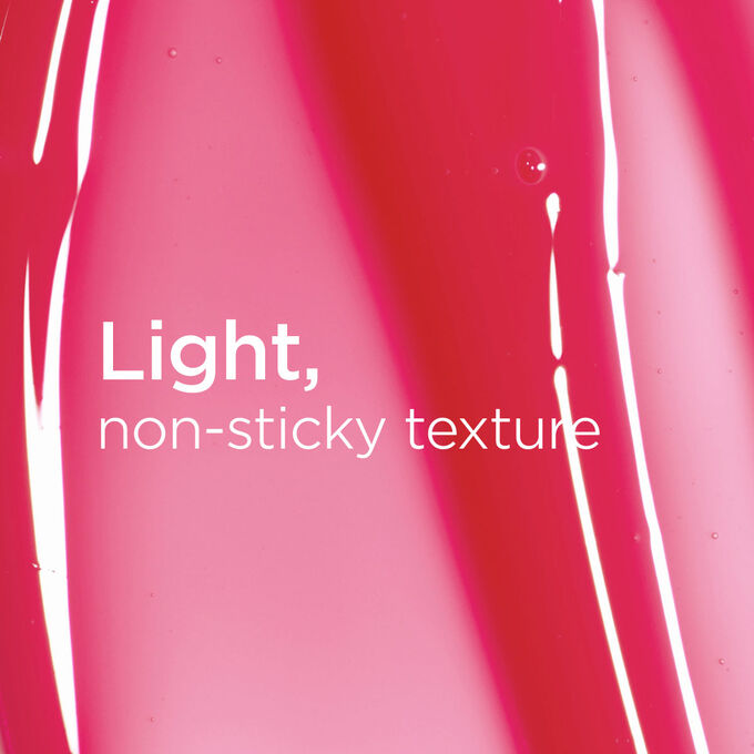 Textured glossy pink background with text highlighting the light, smooth coating texture of the Lip Oil Love Collection