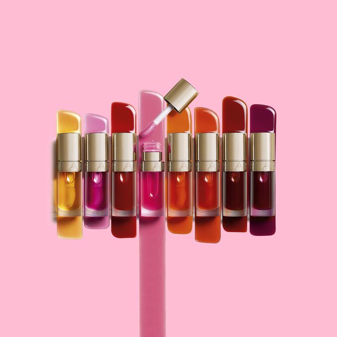 Clarins' nourishing and tinted lip oils range, available in seven different colors, from red to yellow, including purple.