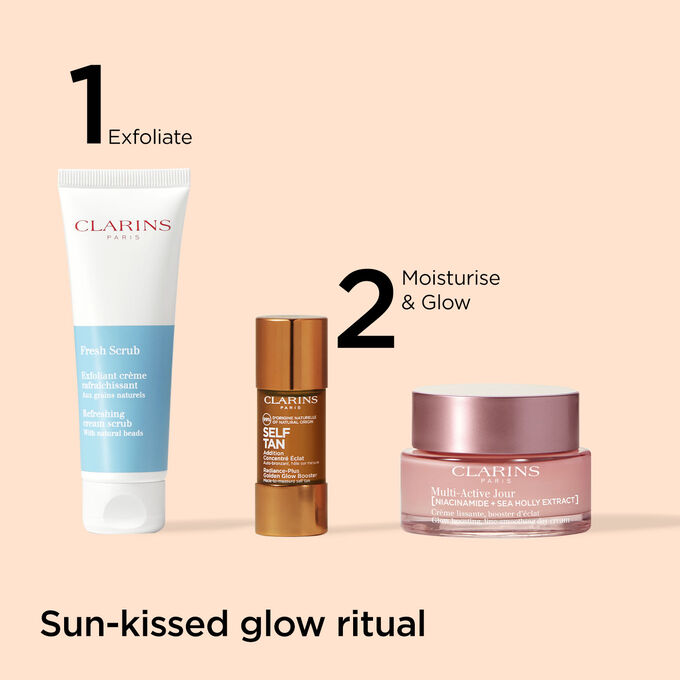 Packshot of Clarins' progressive self-tanning skincare routine range for a progressive sun-kissed complexion without sun
