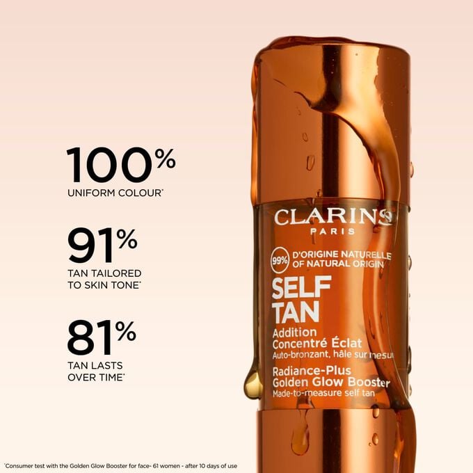 Infographic showing self tanning glow booster drops with claims of one hundred percent natural look result.