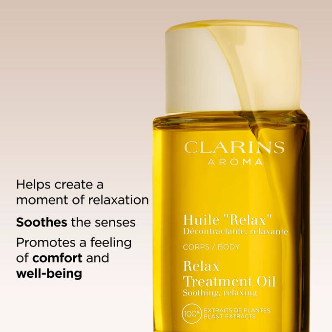 Clarins relaxing body oil helps relieve stress and fatigue to soothe and relax your mind, promoting a well-being feeling.