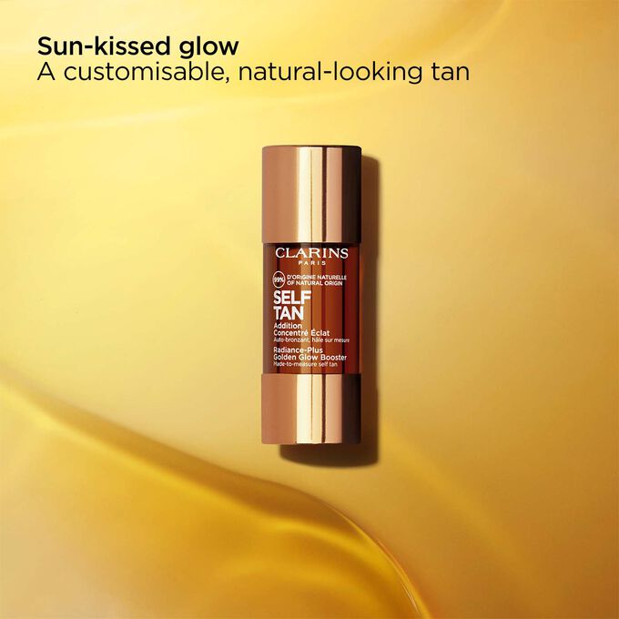 Packshot of Clarins Radiance-Plus Golden Glow Booster for Face, with text highlighting it provides a sun-kissed glow.