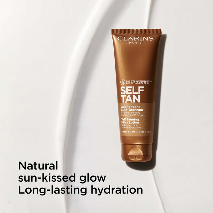 Packshot of Clarins Self Tanning Milky Lotion, highlighting its benits for a sun-kissed glow and long-lasting hydration.