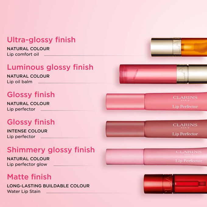 Clarins must-have lip range: Lip Oil, Lip Balm, Lip Stain, and Lip Perfector for natural color, comfort, and long-lasting shine