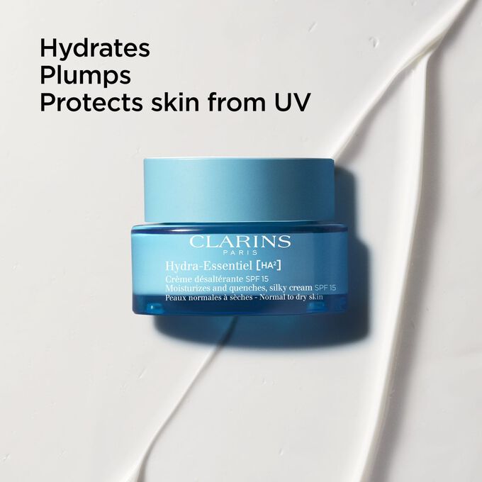 Packshot of Clarins Hydra-Essentiel SPF15 with text emphasising its UV protecting action and its plumping benefits.
