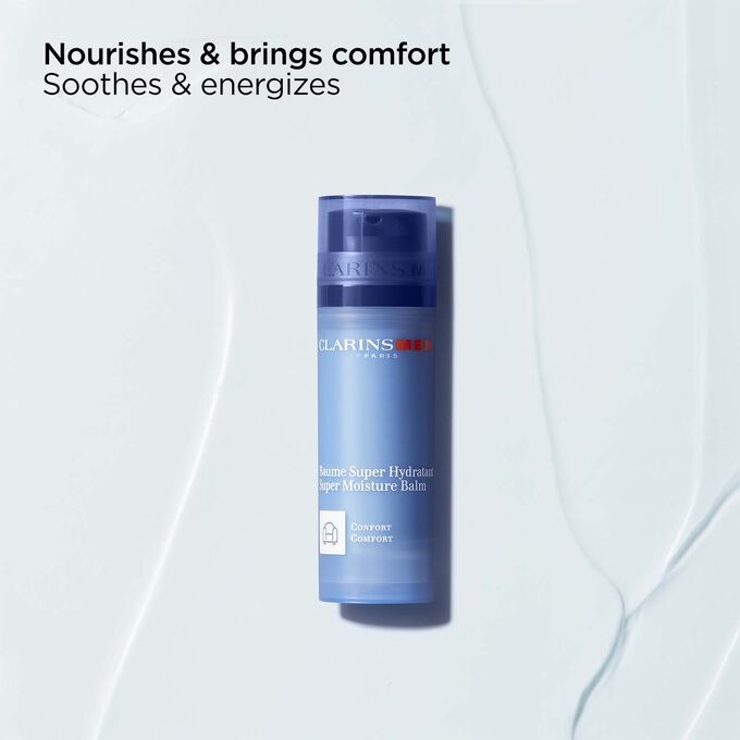 Packshot of ClarinsMen Super Moisture Balm with text emphasising the product’s soothing and energising power.