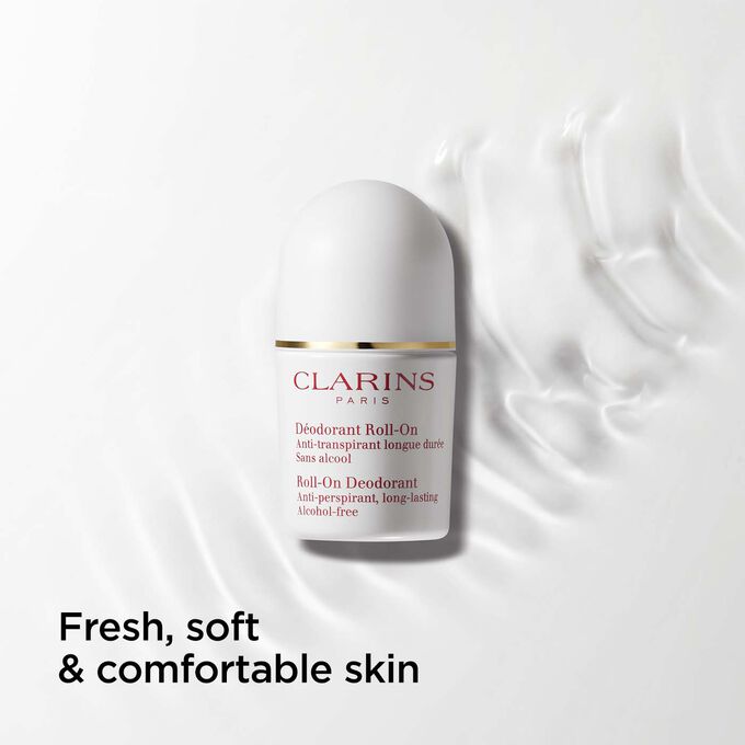 Deodorant roll-on for sensitive skin with text emphasising the fresh, soft and confortable action of the product