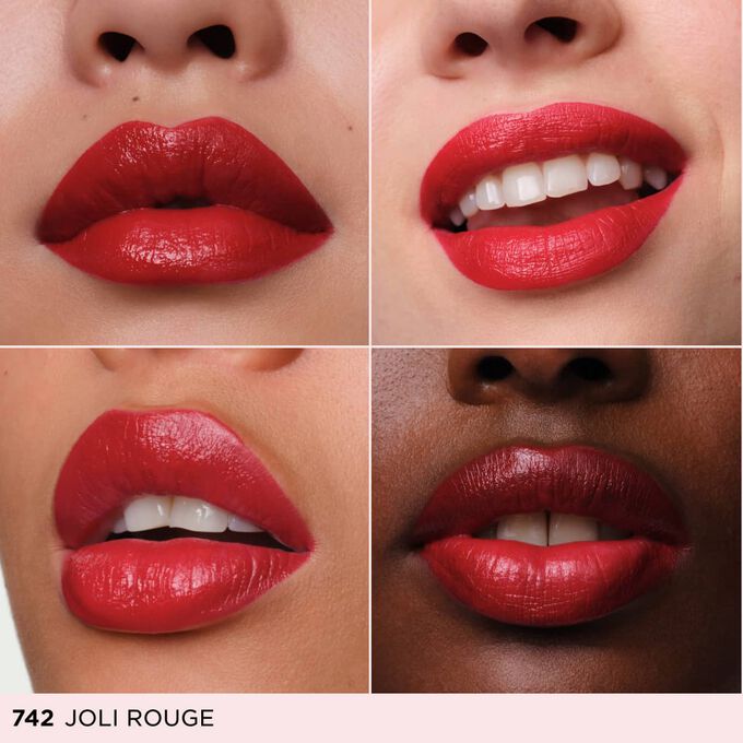 Four close ups of diverse women lips wearing a rosy pink cream lipstick to showcase inclusive color representation.